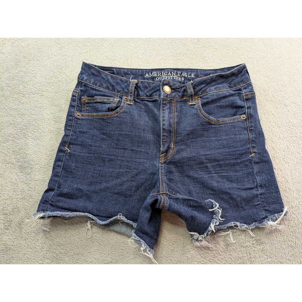 American Eagle Super Stretch Dark Wash Raw Hem Denim Shorts Womens 10 RN54485